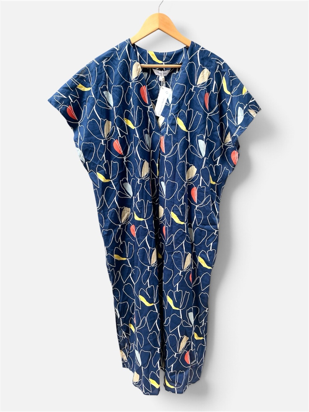 The Company Store Navy Blue Tulip Print Cotton Caftan, Swim Coverup, Women's XXL